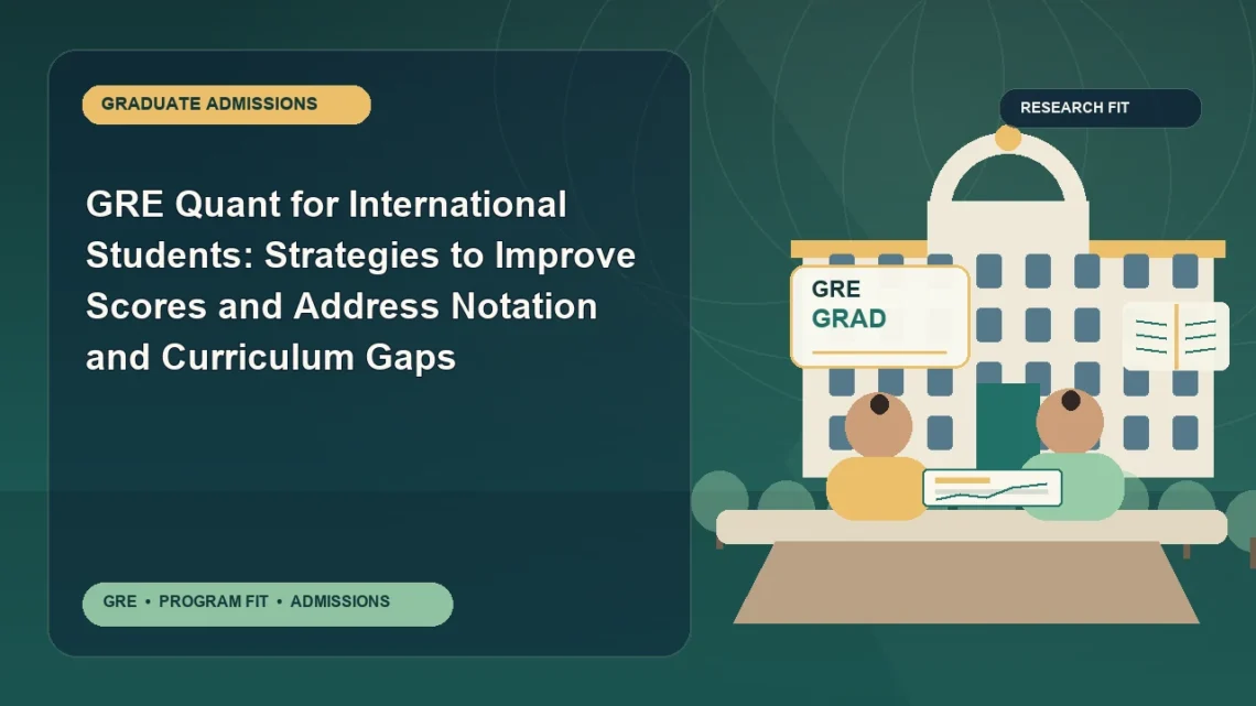 GRE Quant for International Students: Strategies to Improve Scores and Address Notation and Curriculum Gaps — editorial illustration for GRE graduate admissions, showing a student reviewing program fit and admission requirements with an academic adviser.
