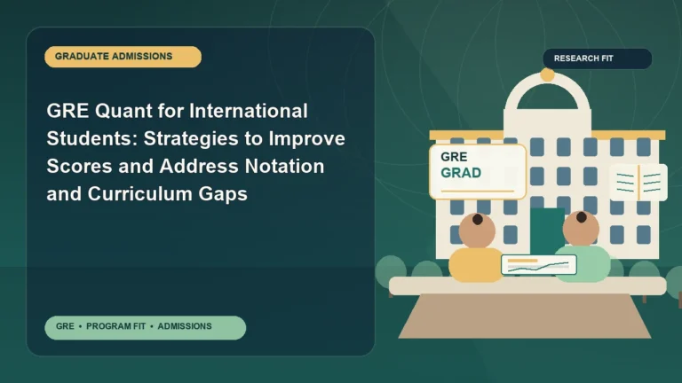 GRE Quant for International Students: Strategies to Improve Scores and Address Notation and Curriculum Gaps — editorial illustration for GRE graduate admissions, showing a student reviewing program fit and admission requirements with an academic adviser.
