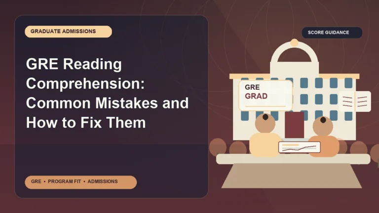 GRE Reading Comprehension: Common Mistakes and How to Fix Them — editorial illustration for GRE graduate admissions, showing a student reviewing program fit and admission requirements with an academic adviser.