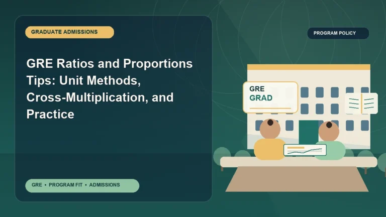 GRE Ratios and Proportions Tips: Unit Methods, Cross-Multiplication, and Practice — editorial illustration for GRE graduate admissions, showing a student reviewing program fit and admission requirements with an academic adviser.