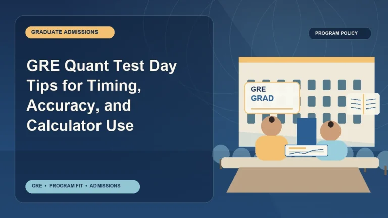 GRE Quant Test Day Tips for Timing, Accuracy, and Calculator Use — editorial illustration for GRE graduate admissions, showing a student reviewing program fit and admission requirements with an academic adviser.
