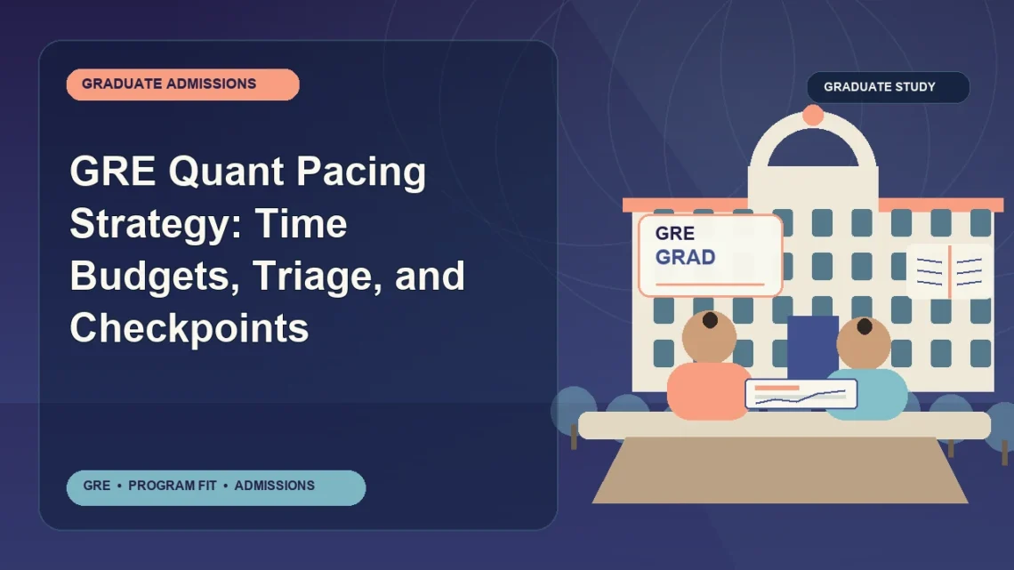 GRE Quant Pacing Strategy: Time Budgets, Triage, and Checkpoints — editorial illustration for GRE graduate admissions, showing a student reviewing program fit and admission requirements with an academic adviser.