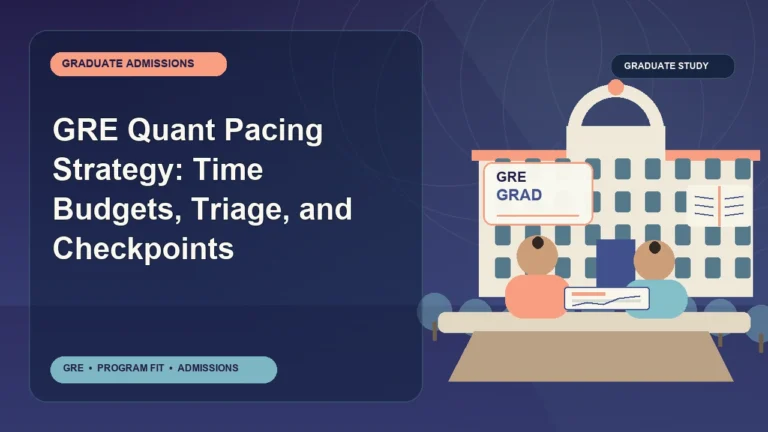 GRE Quant Pacing Strategy: Time Budgets, Triage, and Checkpoints — editorial illustration for GRE graduate admissions, showing a student reviewing program fit and admission requirements with an academic adviser.