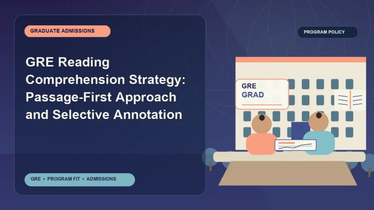 GRE Reading Comprehension Strategy: Passage-First Approach and Selective Annotation — editorial illustration for GRE graduate admissions, showing a student reviewing program fit and admission requirements with an academic adviser.