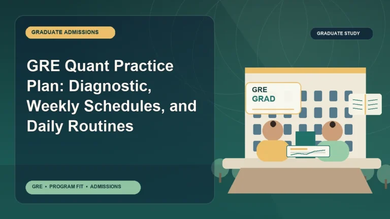 GRE Quant Practice Plan: Diagnostic, Weekly Schedules, and Daily Routines — editorial illustration for GRE graduate admissions, showing a student reviewing program fit and admission requirements with an academic adviser.