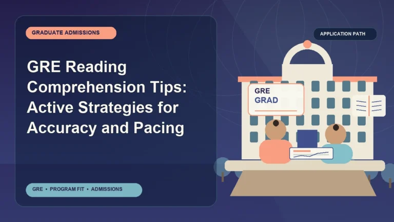 GRE Reading Comprehension Tips: Active Strategies for Accuracy and Pacing — editorial illustration for GRE graduate admissions, showing a student reviewing program fit and admission requirements with an academic adviser.