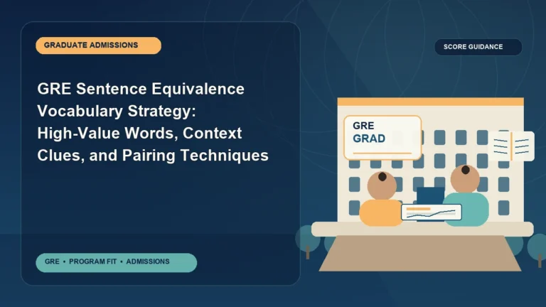 GRE Sentence Equivalence Vocabulary Strategy: High-Value Words, Context Clues, and Pairing Techniques — editorial illustration for GRE graduate admissions, showing a student reviewing program fit and admission requirements with an academic adviser.
