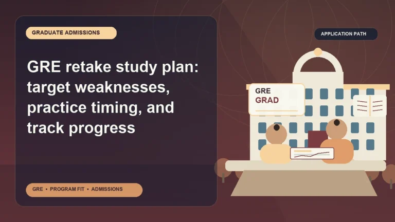 GRE retake study plan: target weaknesses, practice timing, and track progress — editorial illustration for GRE graduate admissions, showing a student reviewing program fit and admission requirements with an academic adviser.