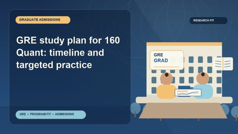 GRE study plan for 160 Quant: timeline and targeted practice — editorial illustration for GRE graduate admissions, showing a student reviewing program fit and admission requirements with an academic adviser.