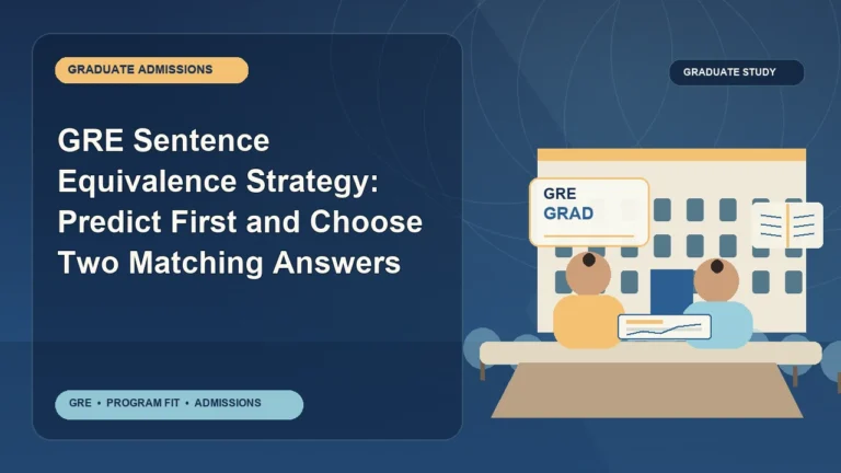 GRE Sentence Equivalence Strategy: Predict First and Choose Two Matching Answers — editorial illustration for GRE graduate admissions, showing a student reviewing program fit and admission requirements with an academic adviser.