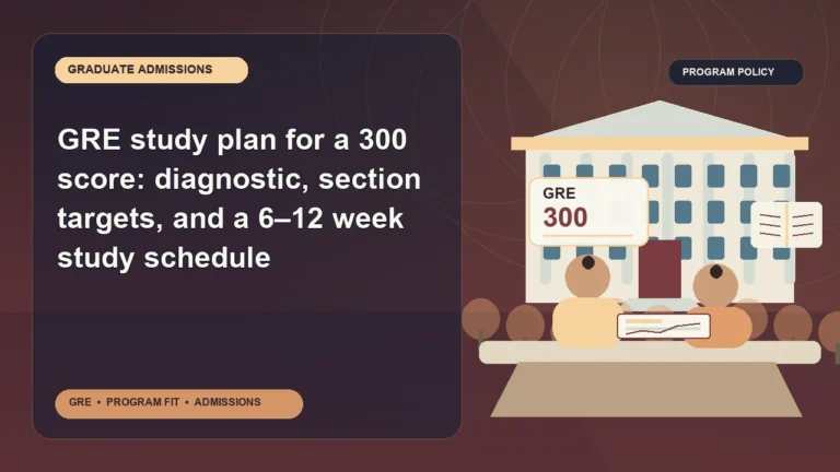 GRE study plan for a 300 score: diagnostic, section targets, and a 6–12 week study schedule — editorial illustration for GRE graduate admissions, showing a student reviewing program fit and admission requirements with an academic adviser.