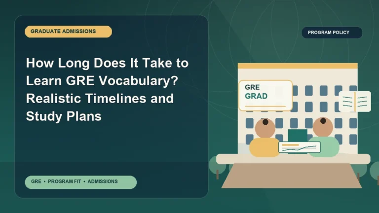 How Long Does It Take to Learn GRE Vocabulary? Realistic Timelines and Study Plans — editorial illustration for GRE graduate admissions, showing a student reviewing program fit and admission requirements with an academic adviser.