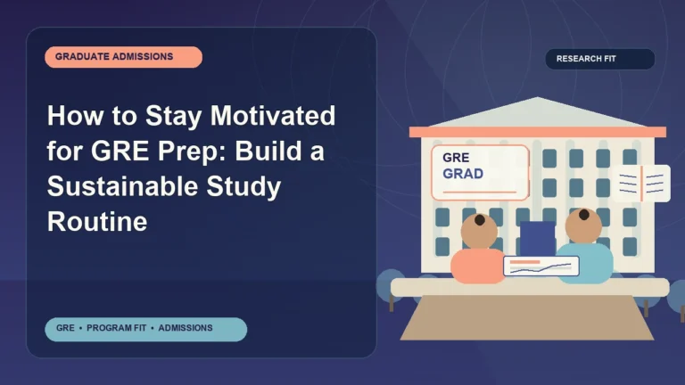 How to Stay Motivated for GRE Prep: Build a Sustainable Study Routine — editorial illustration for GRE graduate admissions, showing a student reviewing program fit and admission requirements with an academic adviser.