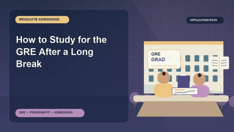 How to Study for the GRE After a Long Break — editorial illustration for GRE graduate admissions, showing a student reviewing program fit and admission requirements with an academic adviser.