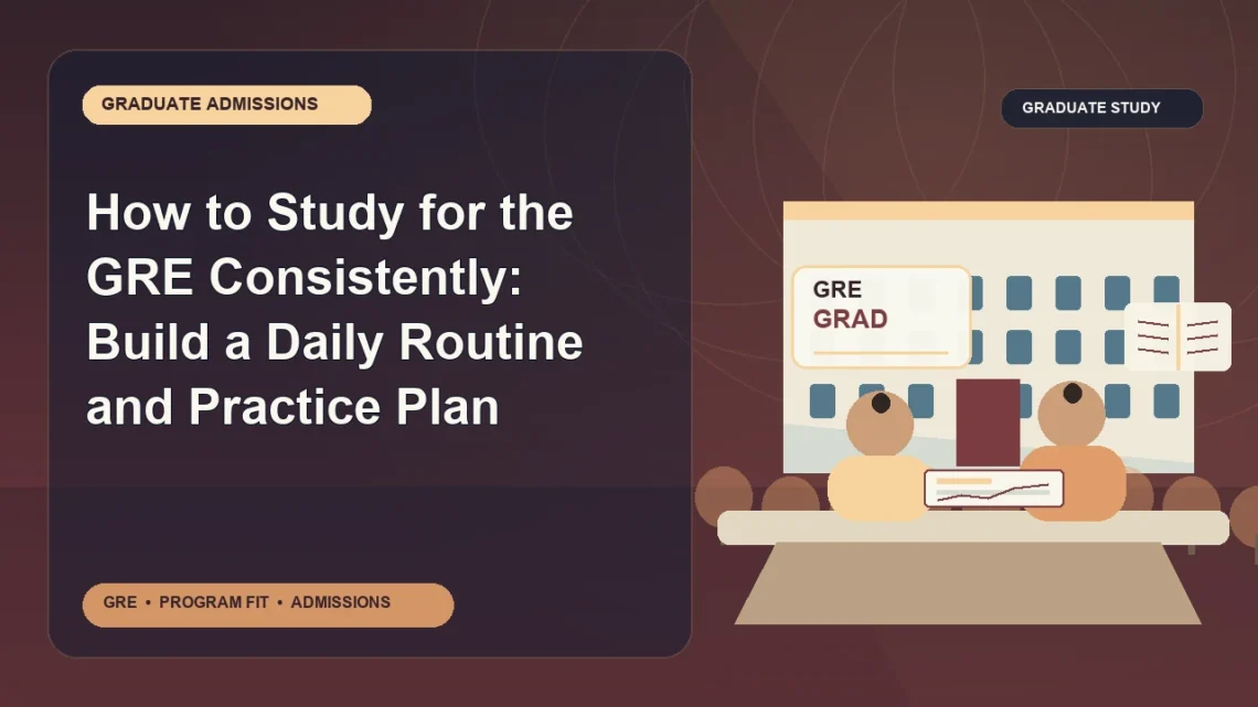 How to Study for the GRE Consistently: Build a Daily Routine and Practice Plan — editorial illustration for GRE graduate admissions, showing a student reviewing program fit and admission requirements with an academic adviser.
