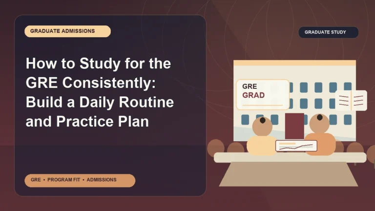 How to Study for the GRE Consistently: Build a Daily Routine and Practice Plan — editorial illustration for GRE graduate admissions, showing a student reviewing program fit and admission requirements with an academic adviser.