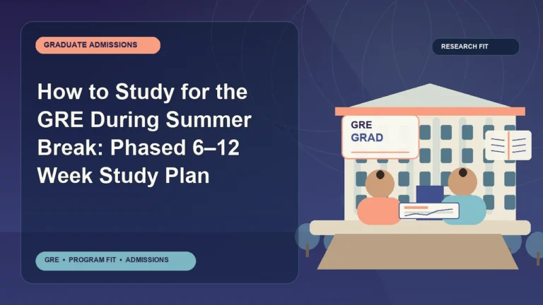 How to Study for the GRE During Summer Break: Phased 6–12 Week Study Plan — editorial illustration for GRE graduate admissions, showing a student reviewing program fit and admission requirements with an academic adviser.