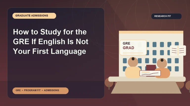 How to Study for the GRE If English Is Not Your First Language — editorial illustration for GRE graduate admissions, showing a student reviewing program fit and admission requirements with an academic adviser.
