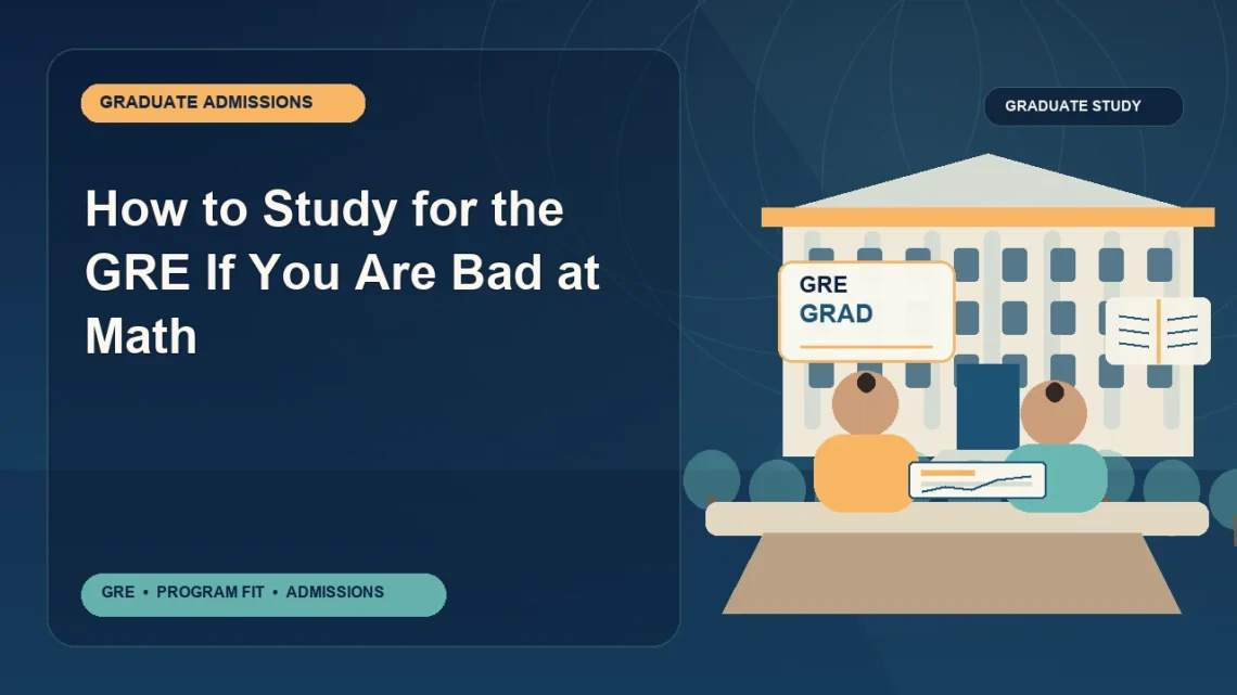 How to Study for the GRE If You Are Bad at Math — editorial illustration for GRE graduate admissions, showing a student reviewing program fit and admission requirements with an academic adviser.