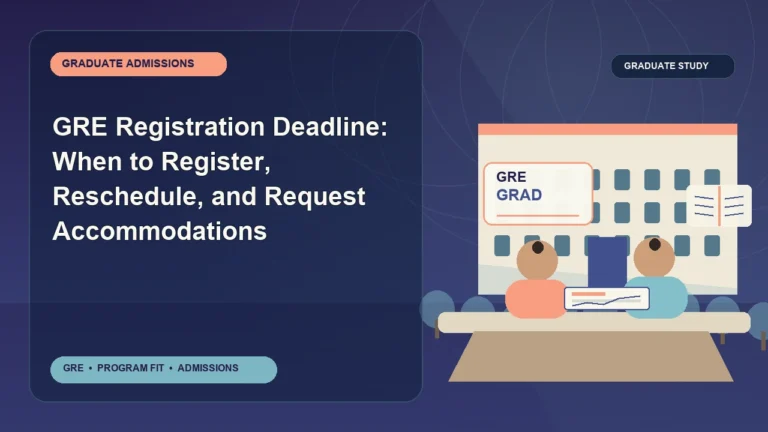 GRE Registration Deadline: When to Register, Reschedule, and Request Accommodations — editorial illustration for GRE graduate admissions, showing a student reviewing program fit and admission requirements with an academic adviser.