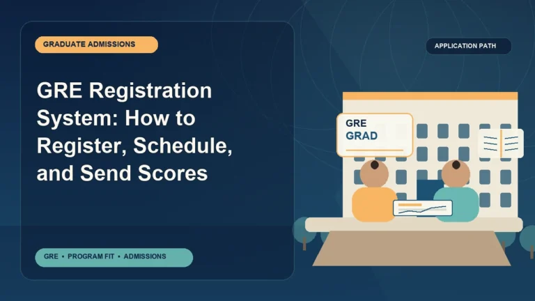 GRE Registration System: How to Register, Schedule, and Send Scores — editorial illustration for GRE graduate admissions, showing a student reviewing program fit and admission requirements with an academic adviser.