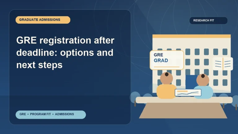 GRE registration after deadline: options and next steps — editorial illustration for GRE graduate admissions, showing a student reviewing program fit and admission requirements with an academic adviser.