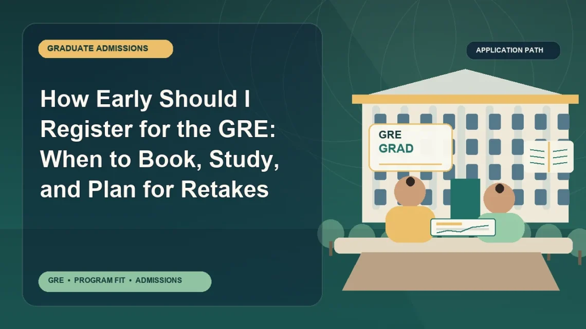 How Early Should I Register for the GRE: When to Book, Study, and Plan for Retakes — editorial illustration for GRE graduate admissions, showing a student reviewing program fit and admission requirements with an academic adviser.