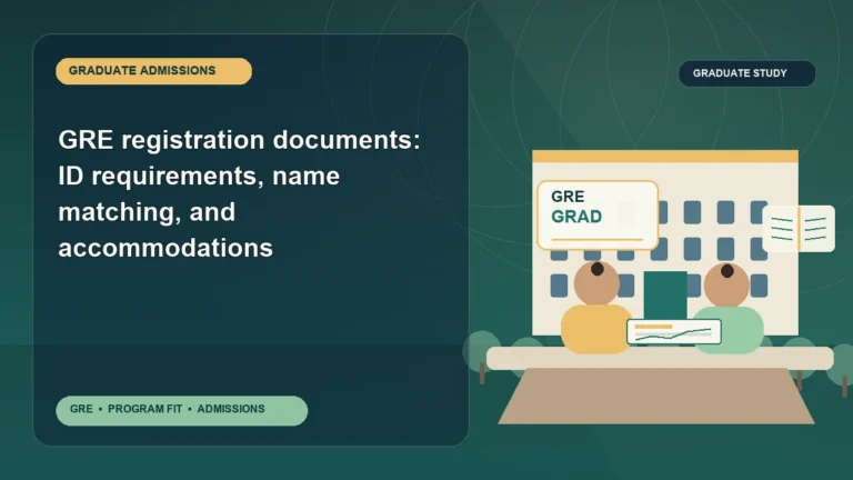 GRE registration documents: ID requirements, name matching, and accommodations — editorial illustration for GRE graduate admissions, showing a student reviewing program fit and admission requirements with an academic adviser.