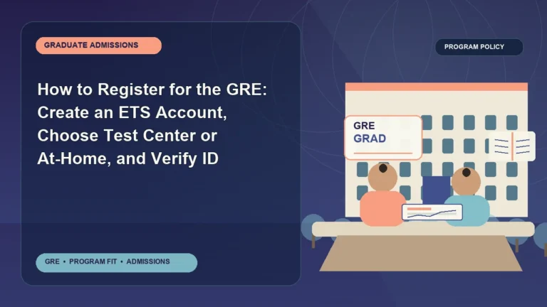 How to Register for the GRE: Create an ETS Account, Choose Test Center or At-Home, and Verify ID — editorial illustration for GRE graduate admissions, showing a student reviewing program fit and admission requirements with an academic adviser.