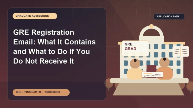 GRE Registration Email: What It Contains and What to Do If You Do Not Receive It — editorial illustration for GRE graduate admissions, showing a student reviewing program fit and admission requirements with an academic adviser.