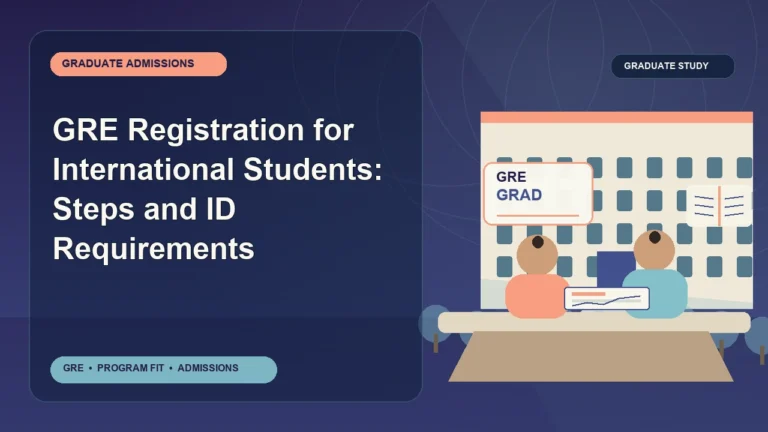 GRE Registration for International Students: Steps and ID Requirements — editorial illustration for GRE graduate admissions, showing a student reviewing program fit and admission requirements with an academic adviser.