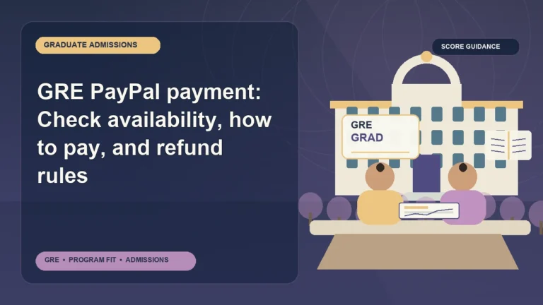 GRE PayPal payment: Check availability, how to pay, and refund rules — editorial illustration for GRE graduate admissions, showing a student reviewing program fit and admission requirements with an academic adviser.