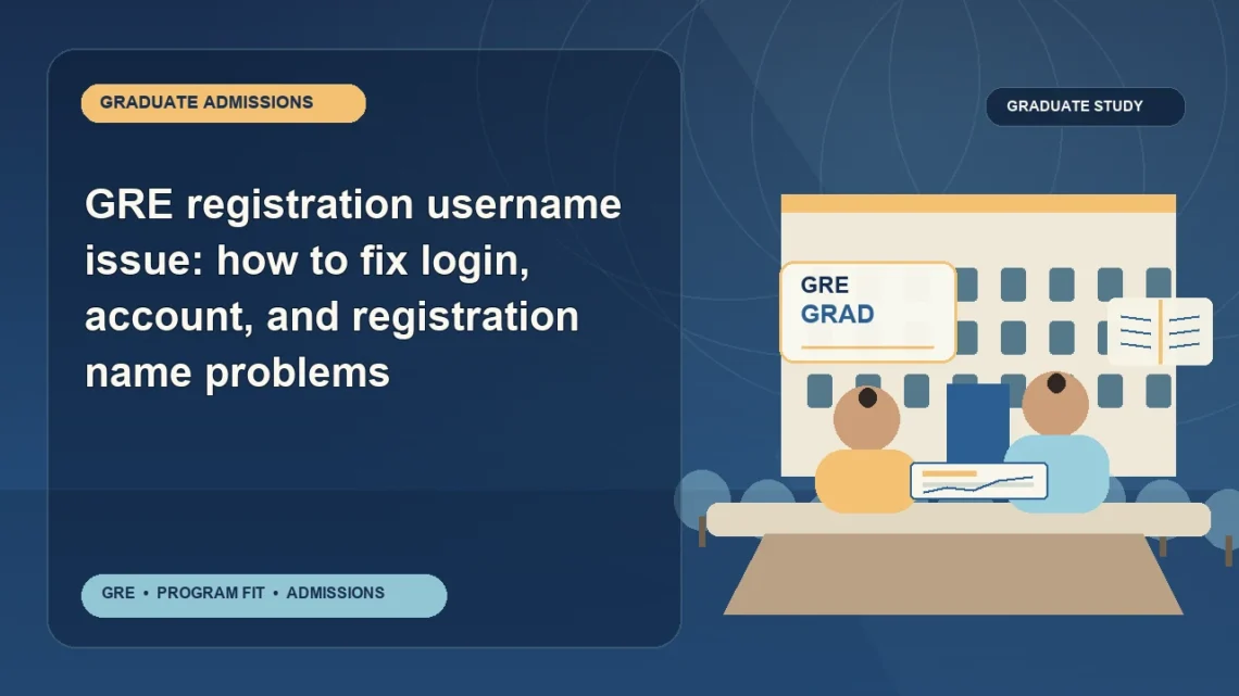 GRE registration username issue: how to fix login, account, and registration name problems — editorial illustration for GRE graduate admissions, showing a student reviewing program fit and admission requirements with an academic adviser.