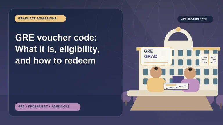GRE voucher code: What it is, eligibility, and how to redeem — editorial illustration for GRE graduate admissions, showing a student reviewing program fit and admission requirements with an academic adviser.