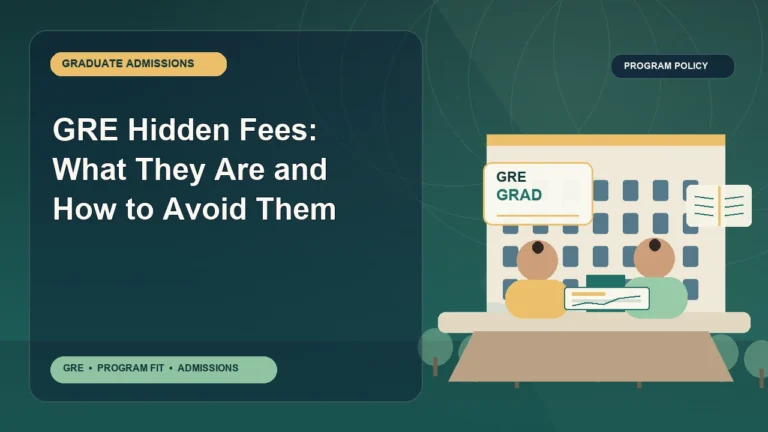 GRE Hidden Fees: What They Are and How to Avoid Them — editorial illustration for GRE graduate admissions, showing a student reviewing program fit and admission requirements with an academic adviser.