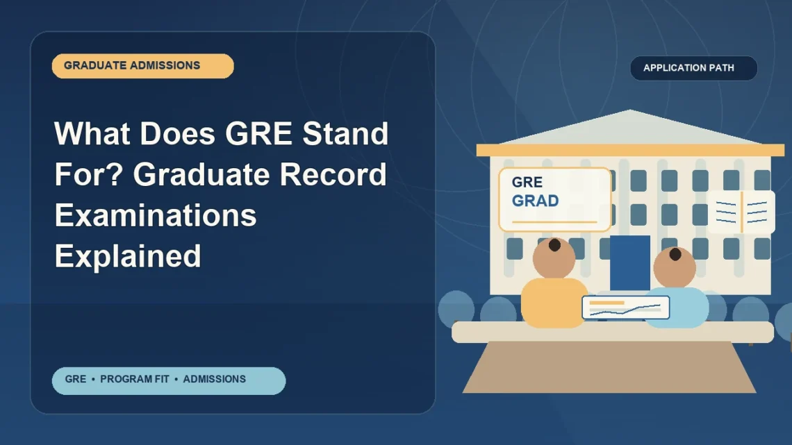 What Does GRE Stand For? Graduate Record Examinations Explained — editorial illustration for GRE graduate admissions, showing a student reviewing program fit and admission requirements with an academic adviser.