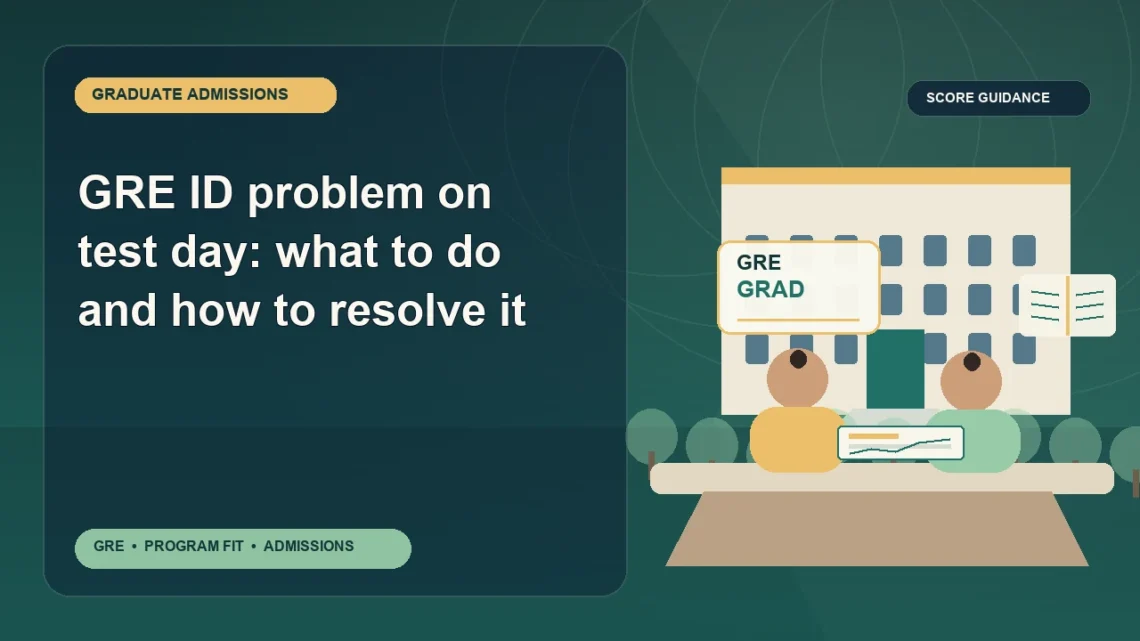 GRE ID problem on test day: what to do and how to resolve it — editorial illustration for GRE graduate admissions, showing a student reviewing program fit and admission requirements with an academic adviser.