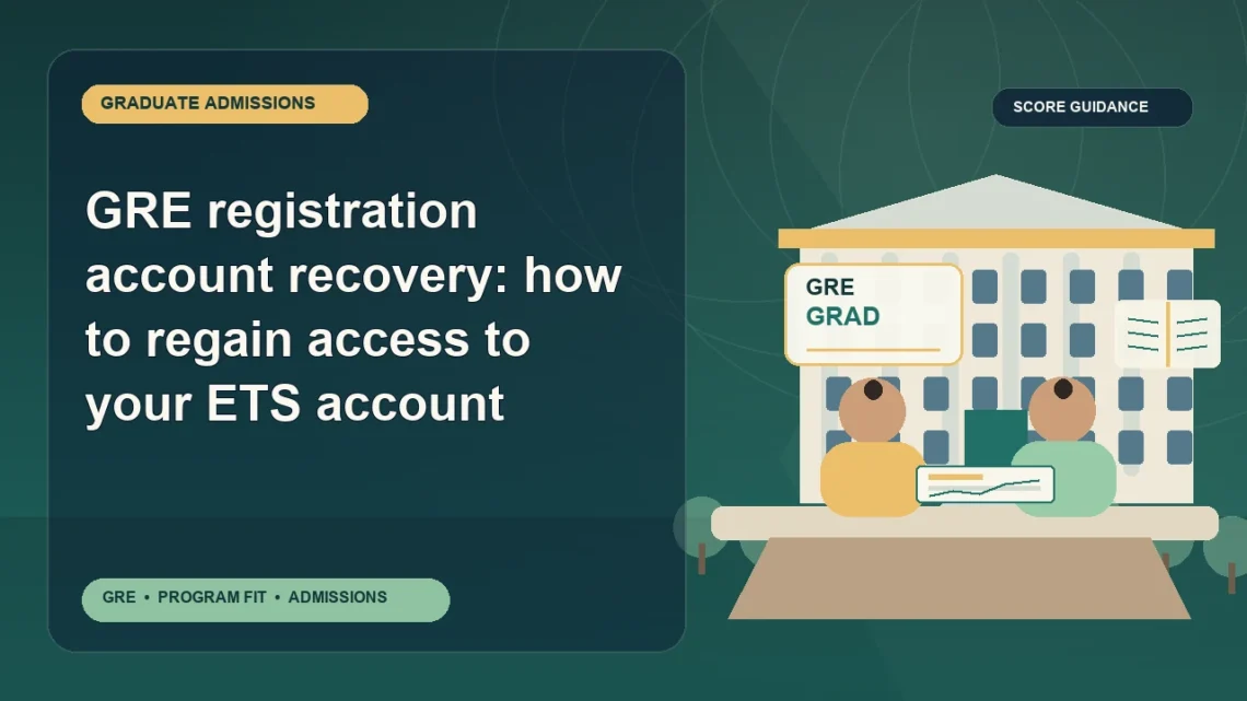GRE registration account recovery: how to regain access to your ETS account — editorial illustration for GRE graduate admissions, showing a student reviewing program fit and admission requirements with an academic adviser.