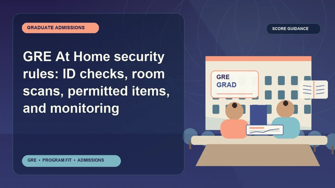 GRE At Home security rules: ID checks, room scans, permitted items, and monitoring — editorial illustration for GRE graduate admissions, showing a student reviewing program fit and admission requirements with an academic adviser.