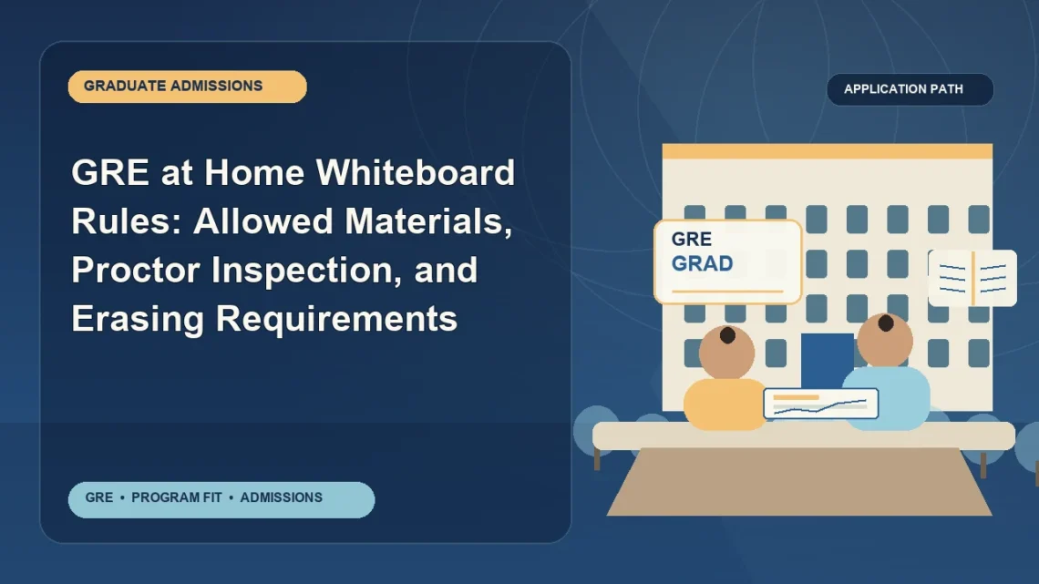 GRE at Home Whiteboard Rules: Allowed Materials, Proctor Inspection, and Erasing Requirements — editorial illustration for GRE graduate admissions, showing a student reviewing program fit and admission requirements with an academic adviser.