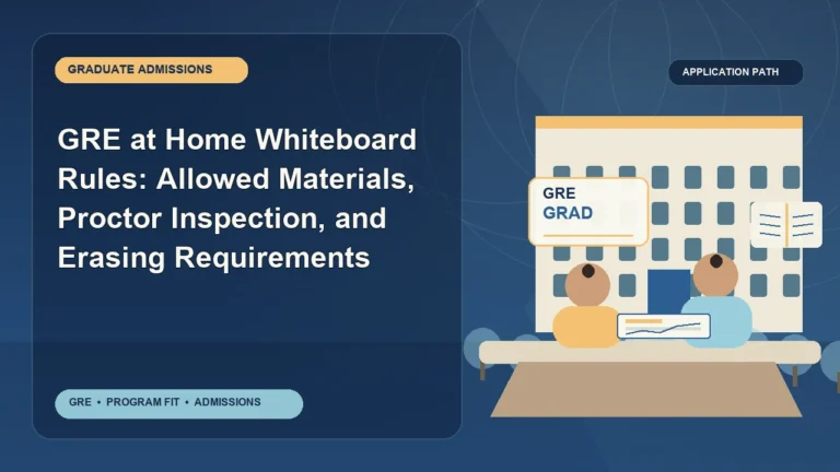 GRE at Home Whiteboard Rules: Allowed Materials, Proctor Inspection, and Erasing Requirements — editorial illustration for GRE graduate admissions, showing a student reviewing program fit and admission requirements with an academic adviser.
