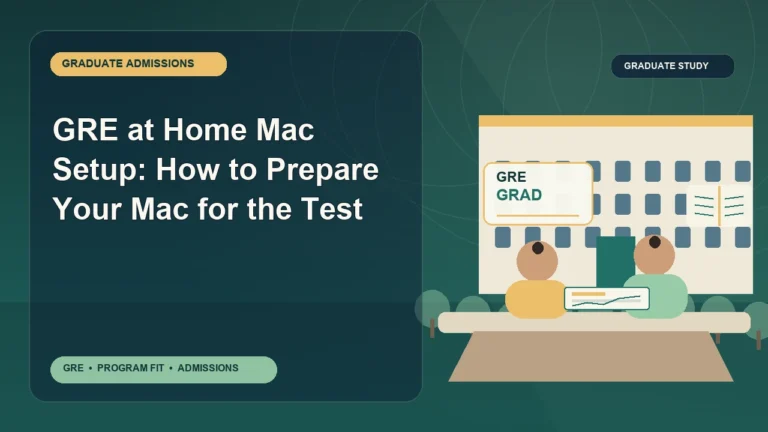 GRE at Home Mac Setup: How to Prepare Your Mac for the Test — editorial illustration for GRE graduate admissions, showing a student reviewing program fit and admission requirements with an academic adviser.
