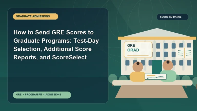 How to Send GRE Scores to Graduate Programs: Test-Day Selection, Additional Score Reports, and ScoreSelect — editorial illustration for GRE graduate admissions, showing a student reviewing program fit and admission requirements with an academic adviser.