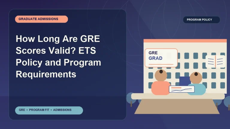 How Long Are GRE Scores Valid? ETS Policy and Program Requirements — editorial illustration for GRE graduate admissions, showing a student reviewing program fit and admission requirements with an academic adviser.