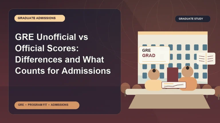 GRE Unofficial vs Official Scores: Differences and What Counts for Admissions — editorial illustration for GRE graduate admissions, showing a student reviewing program fit and admission requirements with an academic adviser.