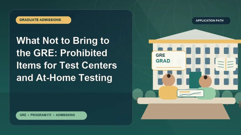What Not to Bring to the GRE: Prohibited Items for Test Centers and At-Home Testing — editorial illustration for GRE graduate admissions, showing a student reviewing program fit and admission requirements with an academic adviser.