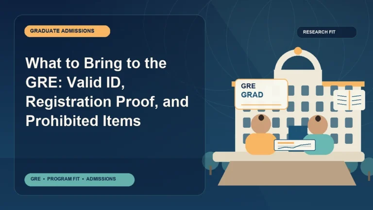 What to Bring to the GRE: Valid ID, Registration Proof, and Prohibited Items — editorial illustration for GRE graduate admissions, showing a student reviewing program fit and admission requirements with an academic adviser.