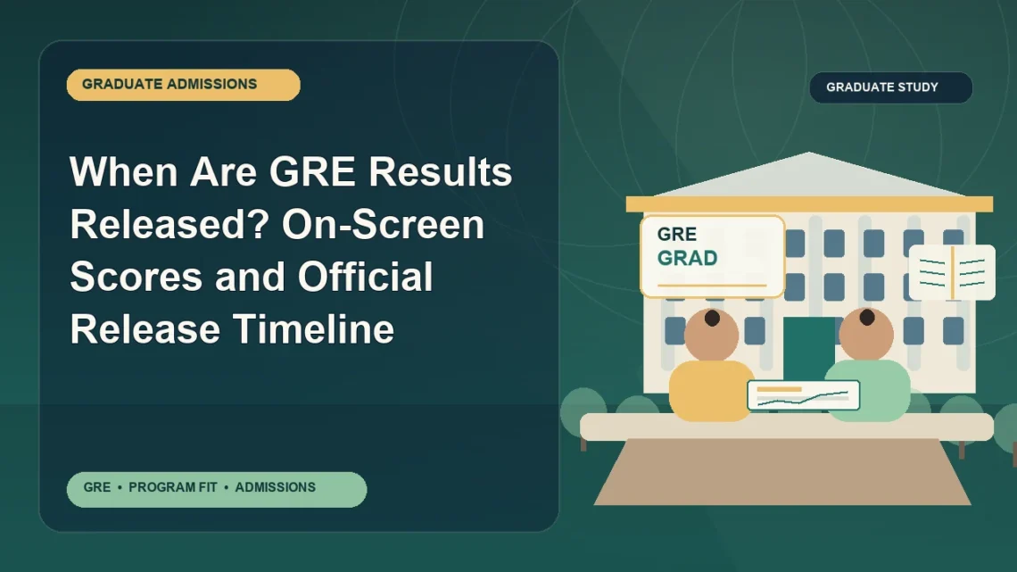 When Are GRE Results Released? On-Screen Scores and Official Release Timeline — editorial illustration for GRE graduate admissions, showing a student reviewing program fit and admission requirements with an academic adviser.