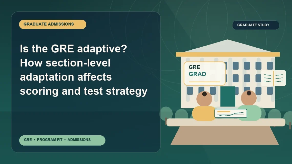 Is the GRE adaptive? How section-level adaptation affects scoring and test strategy — editorial illustration for GRE graduate admissions, showing a student reviewing program fit and admission requirements with an academic adviser.