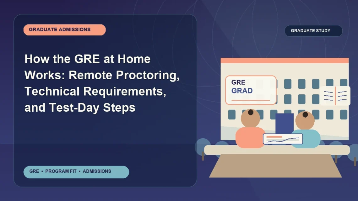 How the GRE at Home Works: Remote Proctoring, Technical Requirements, and Test-Day Steps — editorial illustration for GRE graduate admissions, showing a student reviewing program fit and admission requirements with an academic adviser.